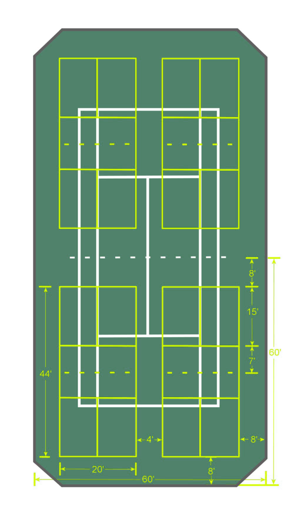 four pickleball courts on tennis court